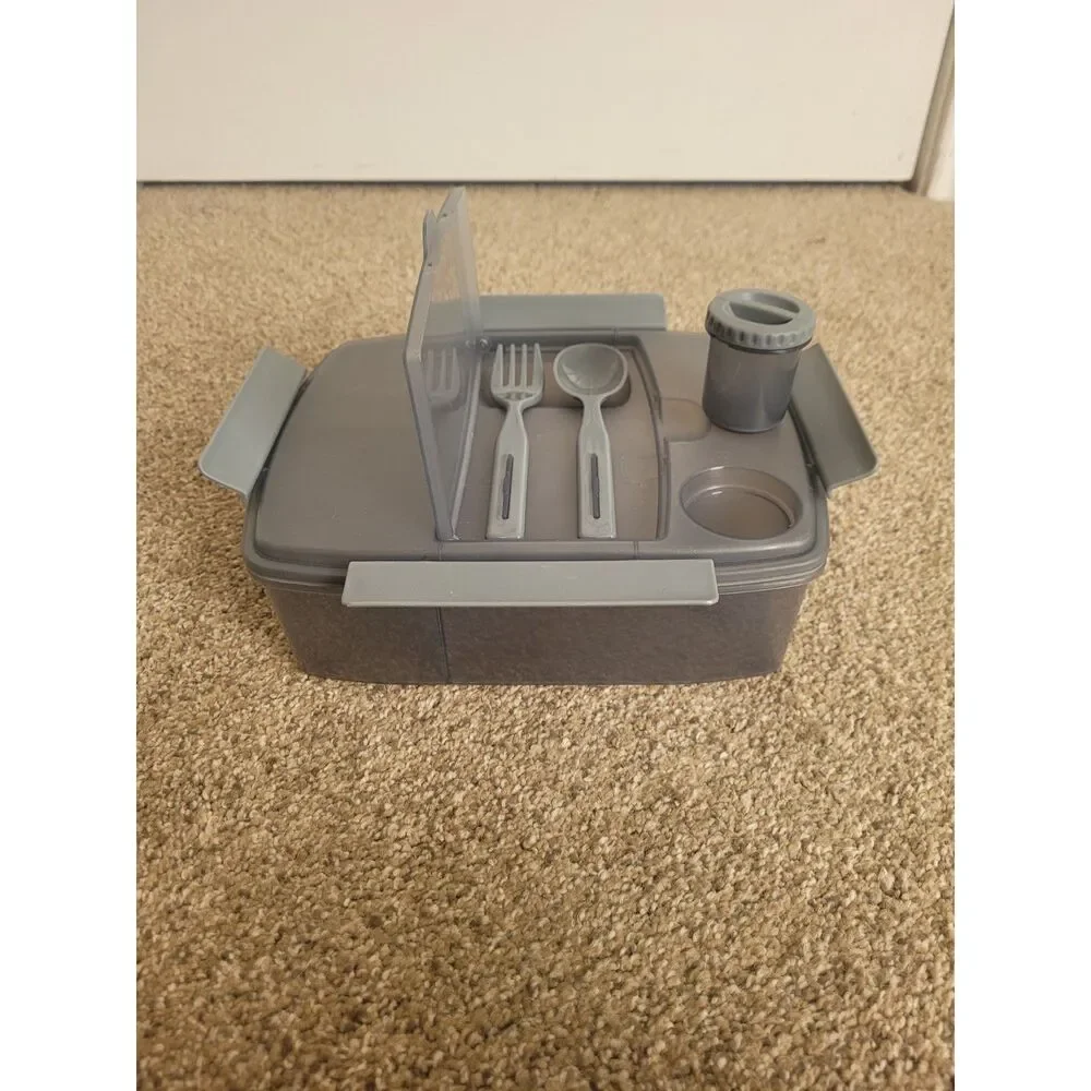 NEW Gray Bento Lunch Box Meal Prep Container Utensils Sauce Cup Dividers